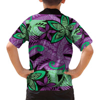 Plumeria Polynesian Pattern Family Matching Off Shoulder Short Dress and Hawaiian Shirt Unique Fantasy Purple Green