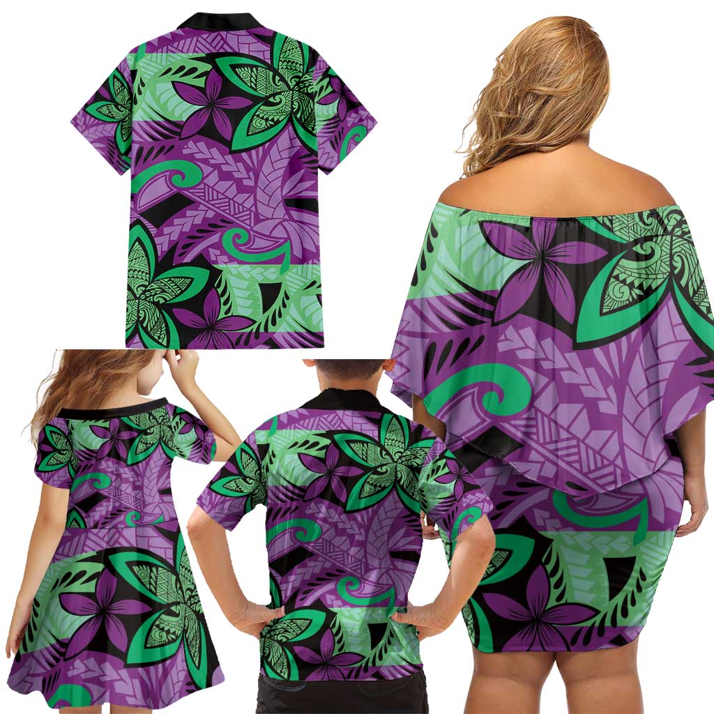 Plumeria Polynesian Pattern Family Matching Off Shoulder Short Dress and Hawaiian Shirt Unique Fantasy Purple Green