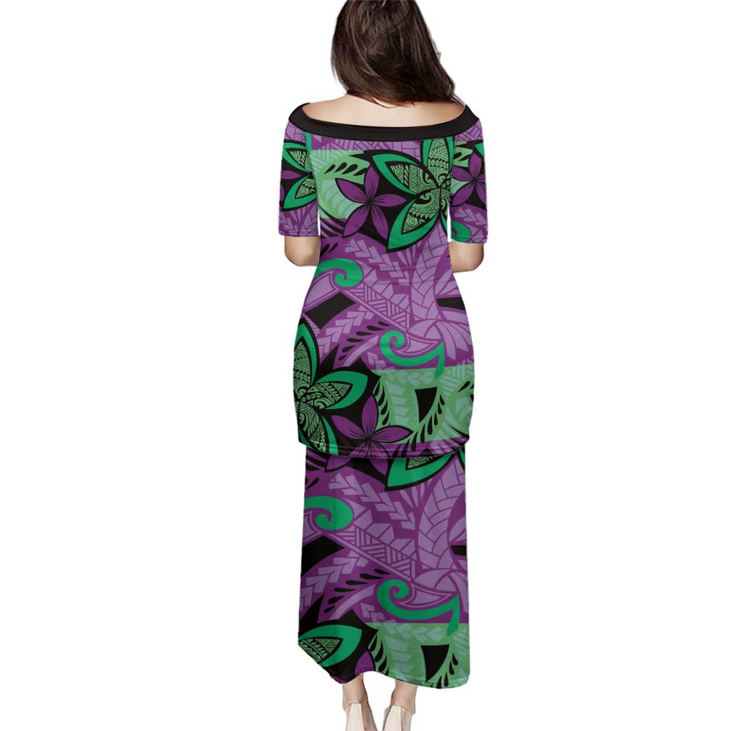 Plumeria Polynesian Pattern Family Matching Puletasi and Hawaiian Shirt Unique Fantasy Purple Green