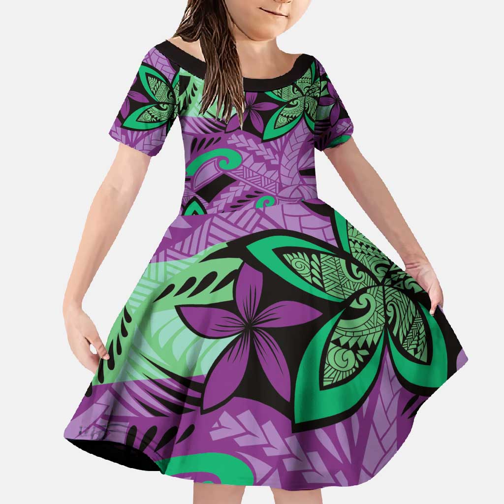 Plumeria Polynesian Pattern Family Matching Short Sleeve Bodycon Dress and Hawaiian Shirt Unique Fantasy Purple Green
