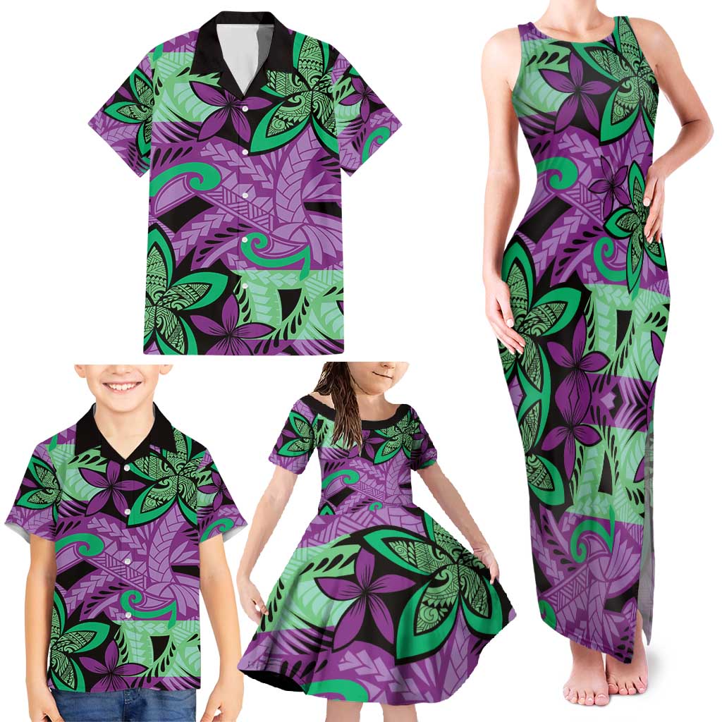 Plumeria Polynesian Pattern Family Matching Tank Maxi Dress and Hawaiian Shirt Unique Fantasy Purple Green