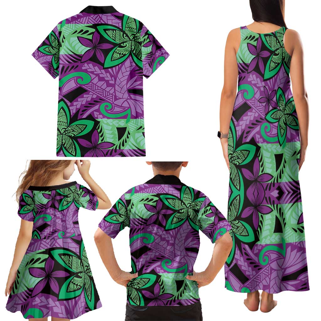 Plumeria Polynesian Pattern Family Matching Tank Maxi Dress and Hawaiian Shirt Unique Fantasy Purple Green