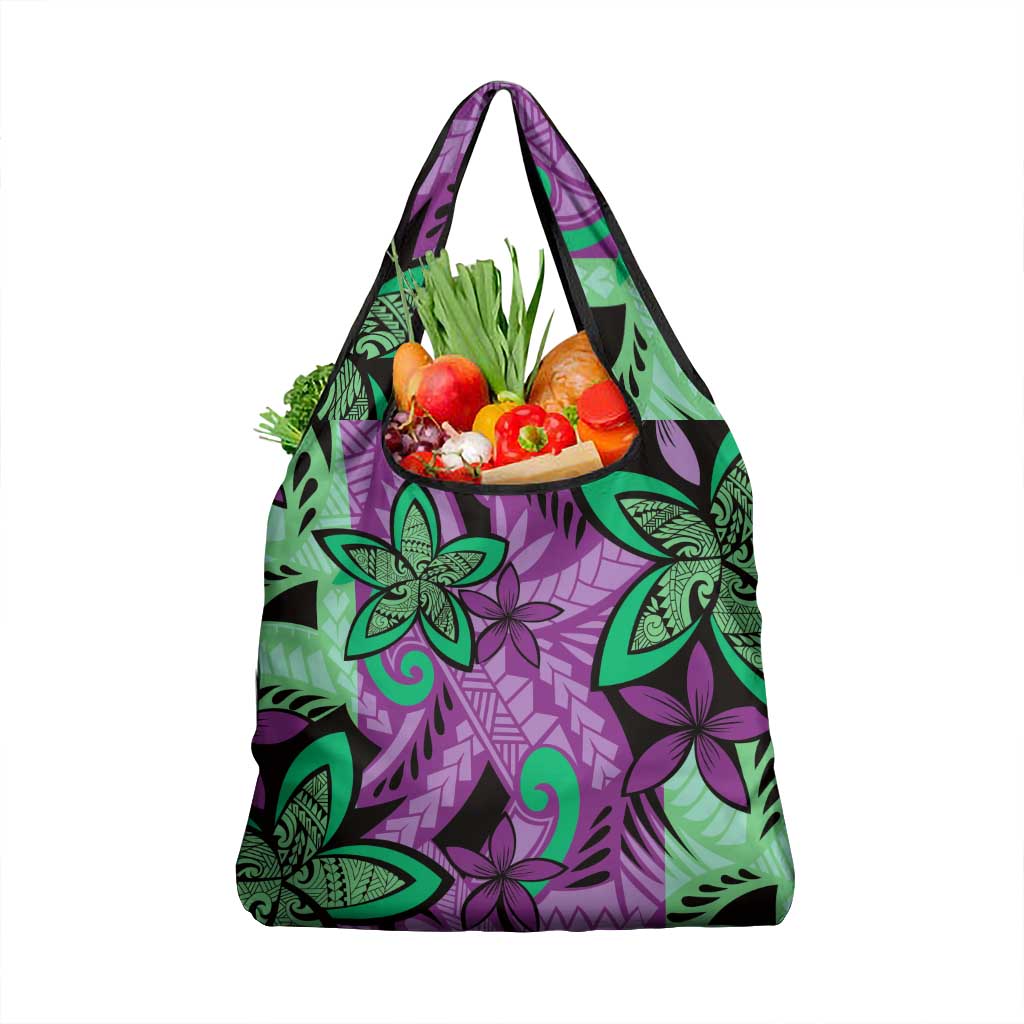 Plumeria Polynesian Pattern Grocery Bag Unique Fantasy Purple Green