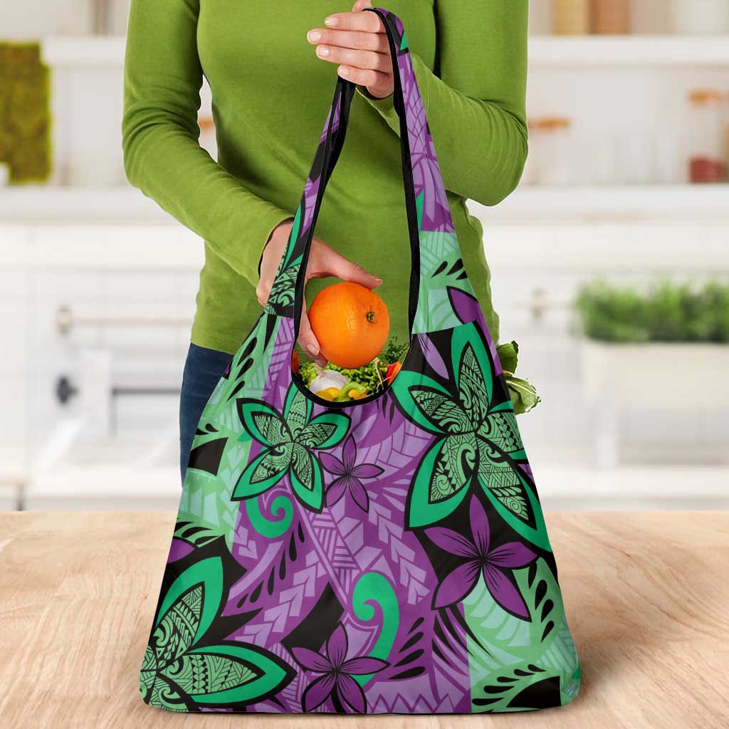 Plumeria Polynesian Pattern Grocery Bag Unique Fantasy Purple Green