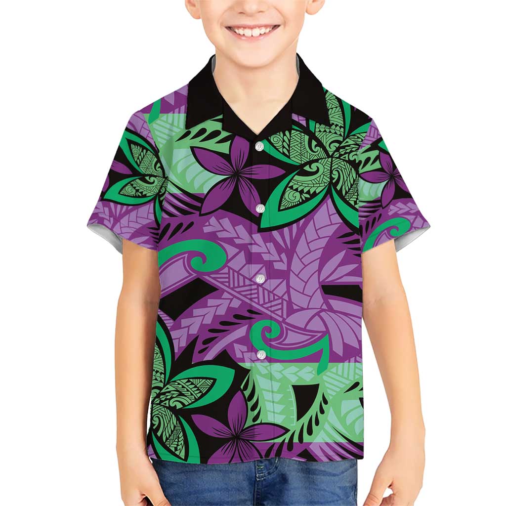 Plumeria Polynesian Pattern Kid Hawaiian Shirt Unique Fantasy Purple Green