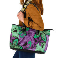 Plumeria Polynesian Pattern Leather Tote Bag Unique Fantasy Purple Green