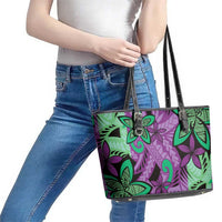 Plumeria Polynesian Pattern Leather Tote Bag Unique Fantasy Purple Green