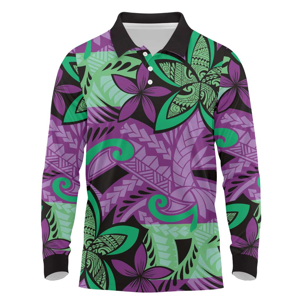 Plumeria Polynesian Pattern Long Sleeve Polo Shirt Unique Fantasy Purple Green