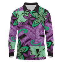 Plumeria Polynesian Pattern Long Sleeve Polo Shirt Unique Fantasy Purple Green