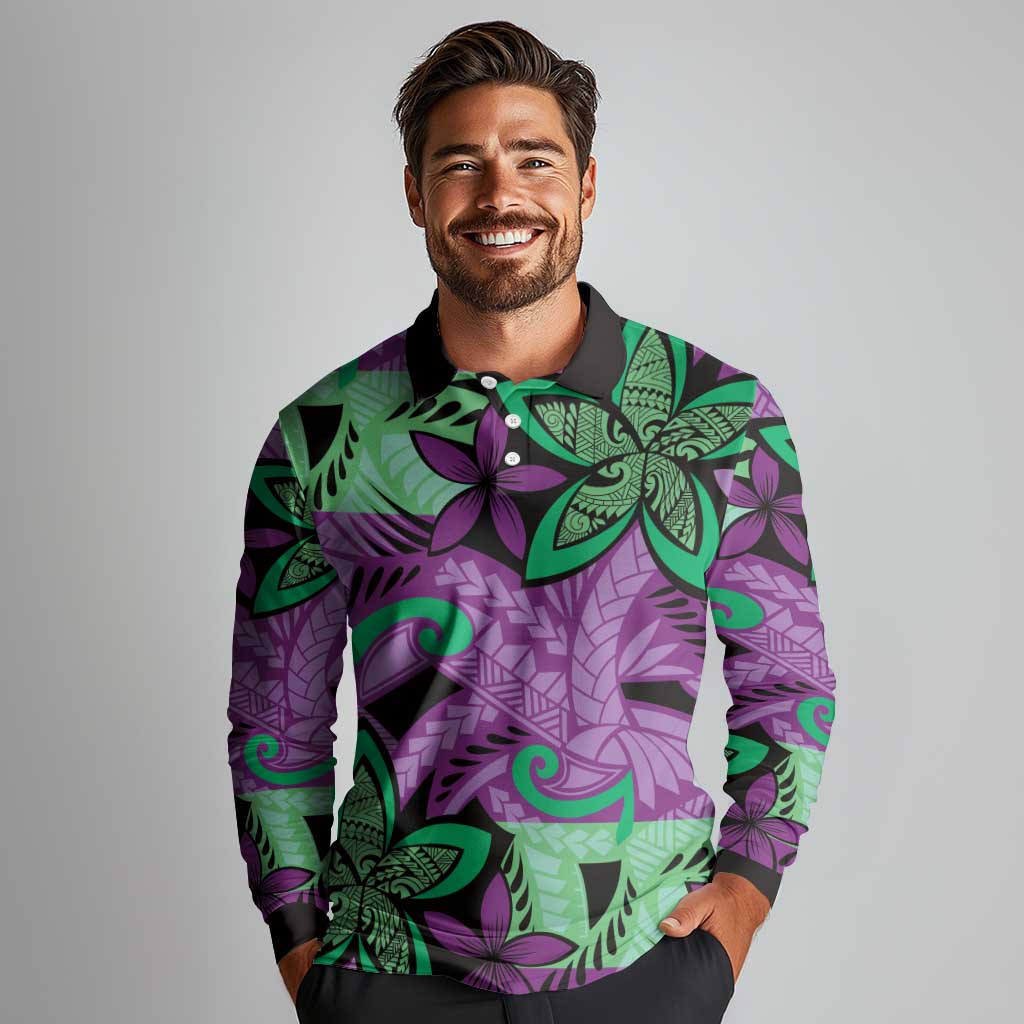 Plumeria Polynesian Pattern Long Sleeve Polo Shirt Unique Fantasy Purple Green