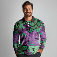 Plumeria Polynesian Pattern Long Sleeve Polo Shirt Unique Fantasy Purple Green
