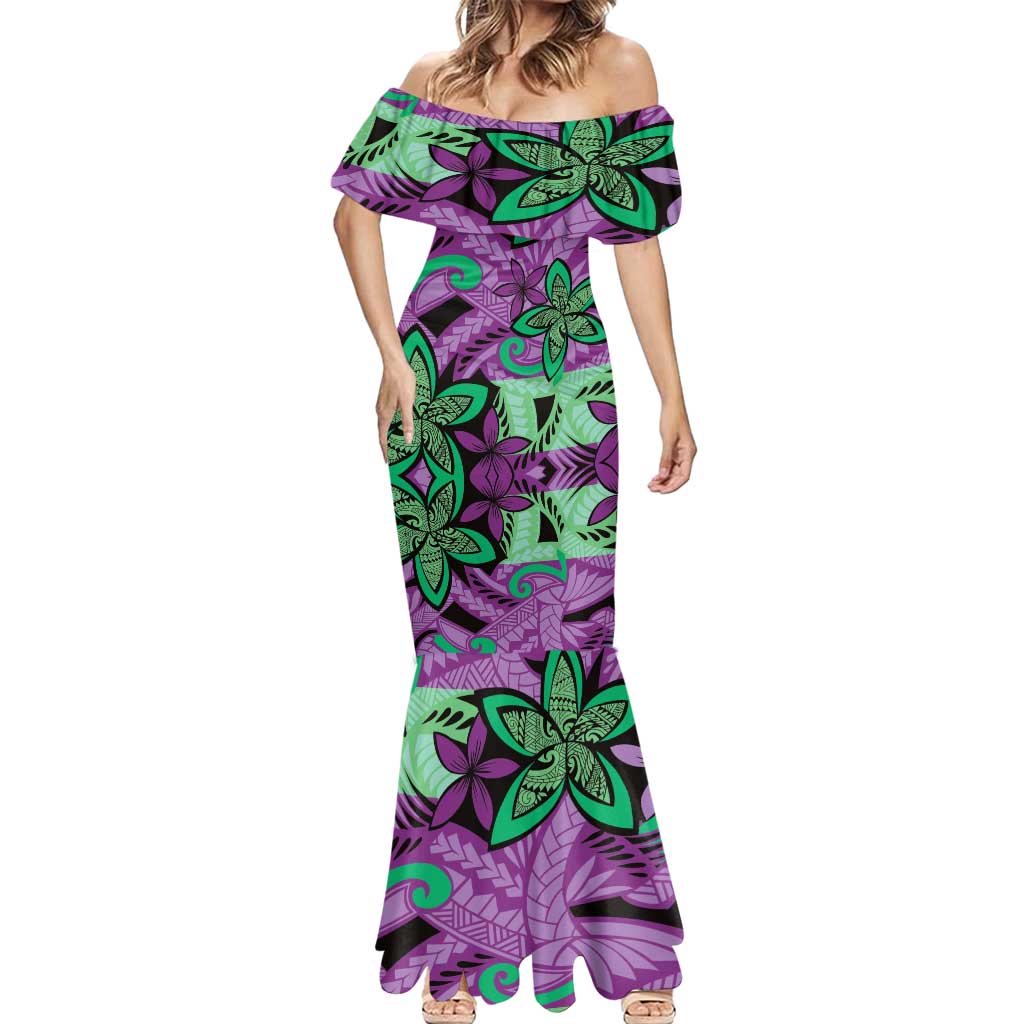 Plumeria Polynesian Pattern Mermaid Dress Unique Fantasy Purple Green