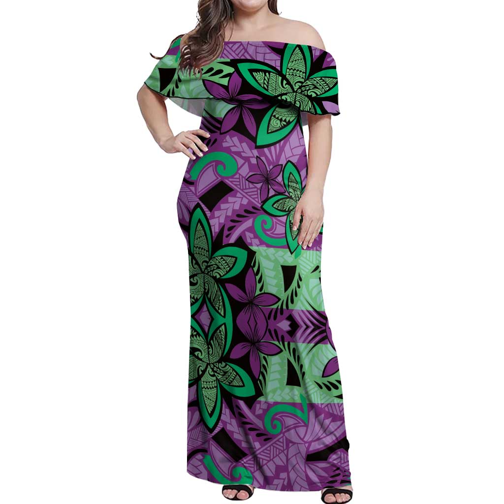 Plumeria Polynesian Pattern Off Shoulder Maxi Dress Unique Fantasy Purple Green