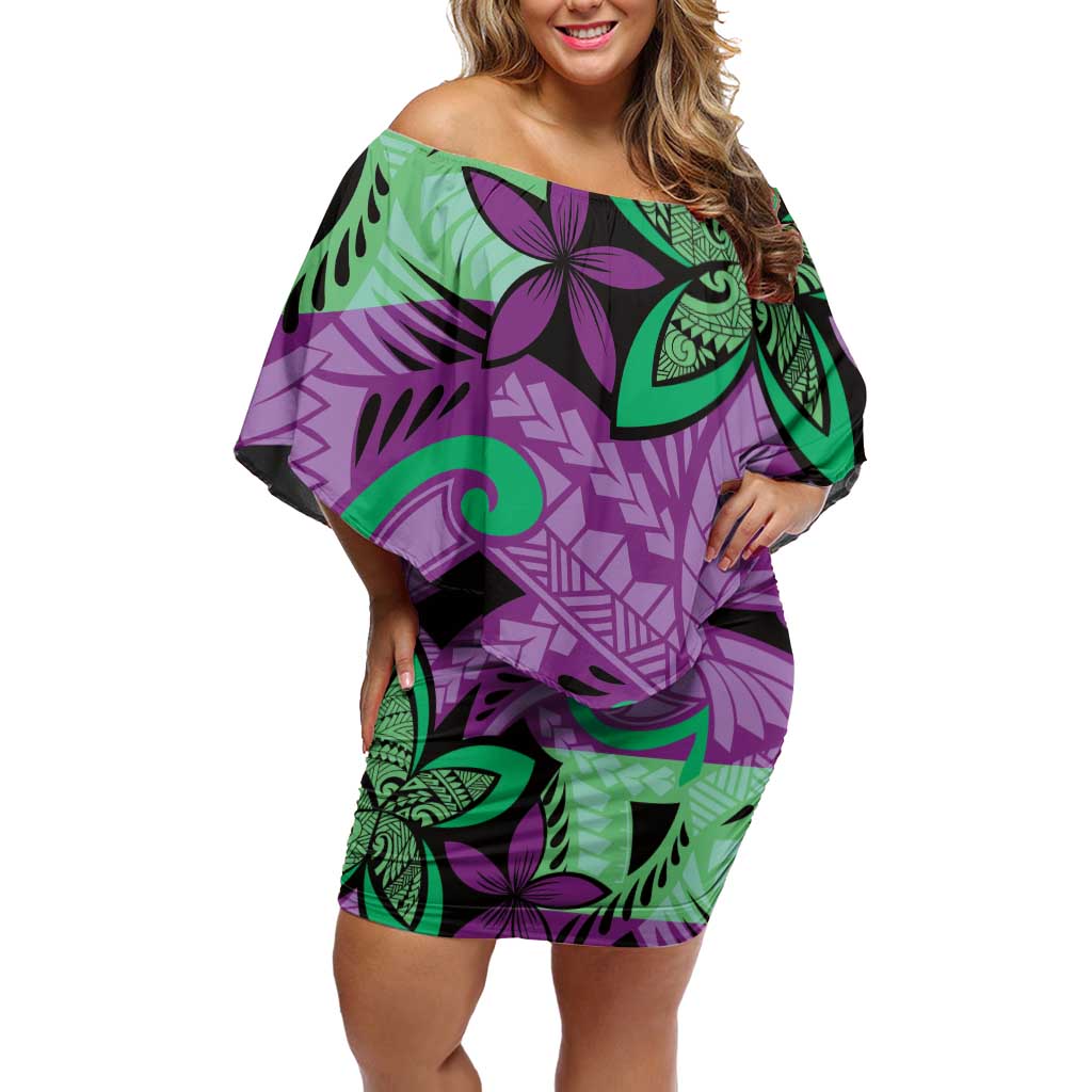 Plumeria Polynesian Pattern Off Shoulder Short Dress Unique Fantasy Purple Green