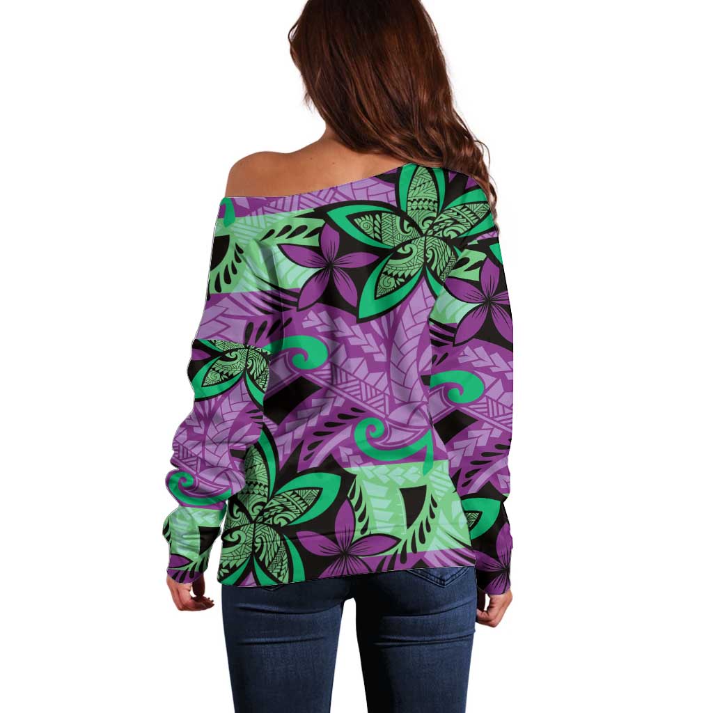 Plumeria Polynesian Pattern Off Shoulder Sweater Unique Fantasy Purple Green