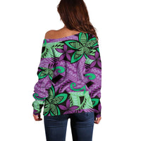 Plumeria Polynesian Pattern Off Shoulder Sweater Unique Fantasy Purple Green