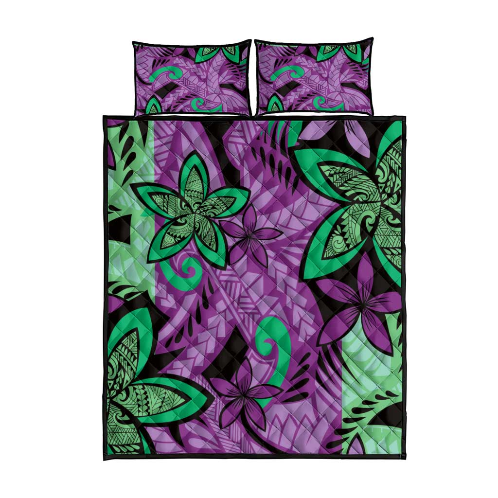 Plumeria Polynesian Pattern Quilt Bed Set Unique Fantasy Purple Green