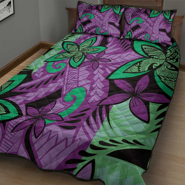 Plumeria Polynesian Pattern Quilt Bed Set Unique Fantasy Purple Green LT01
