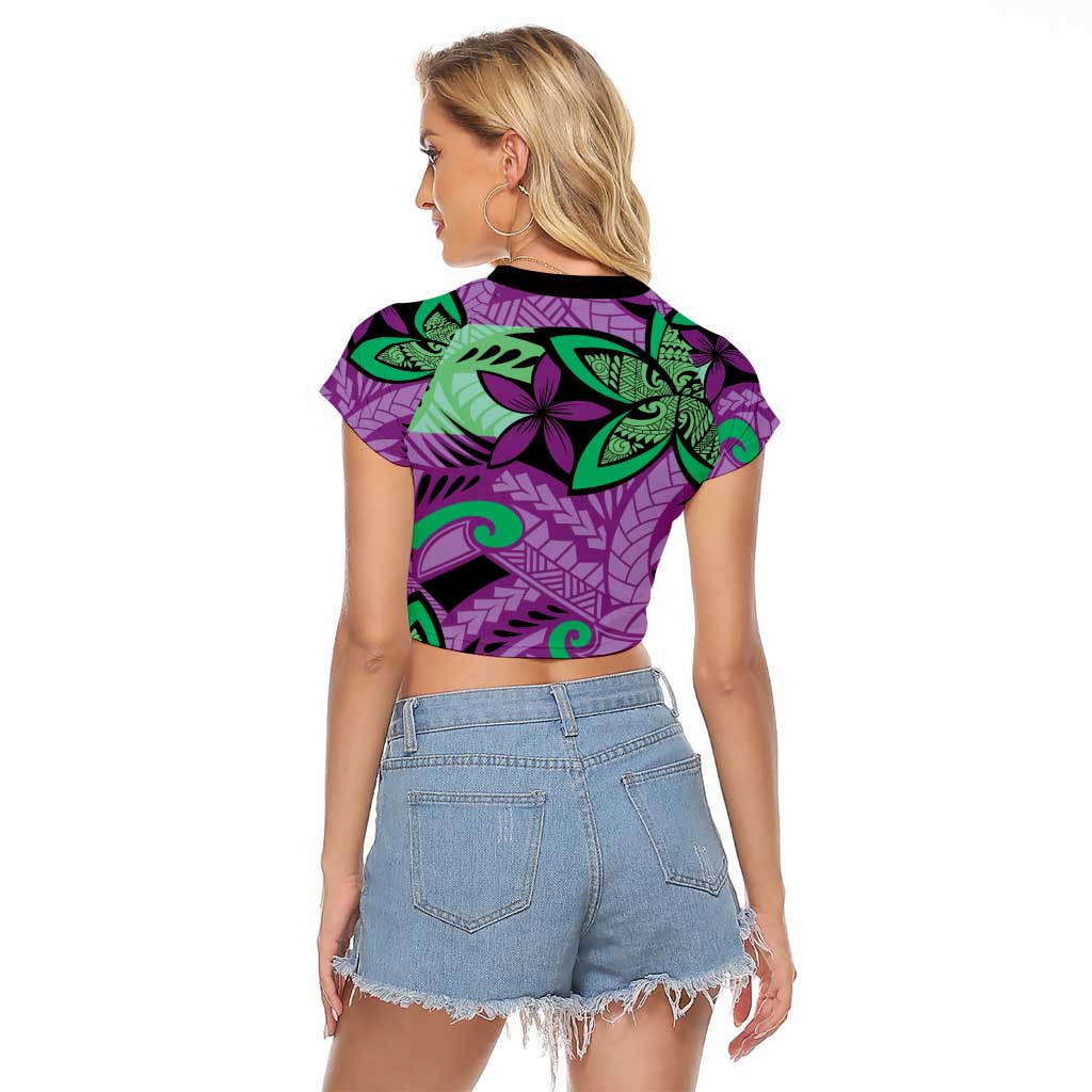 Plumeria Polynesian Pattern Raglan Cropped T Shirt Unique Fantasy Purple Green