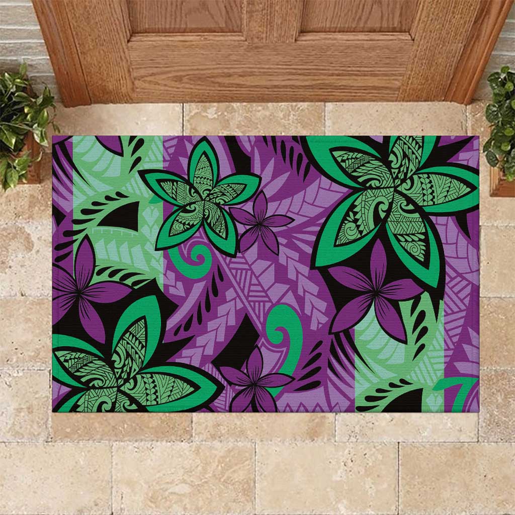 Plumeria Polynesian Pattern Rubber Doormat Unique Fantasy Purple Green