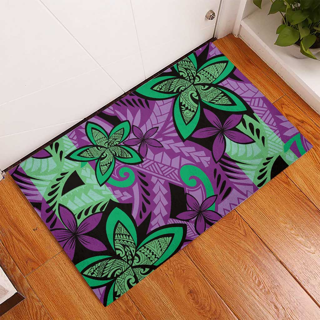 Plumeria Polynesian Pattern Rubber Doormat Unique Fantasy Purple Green