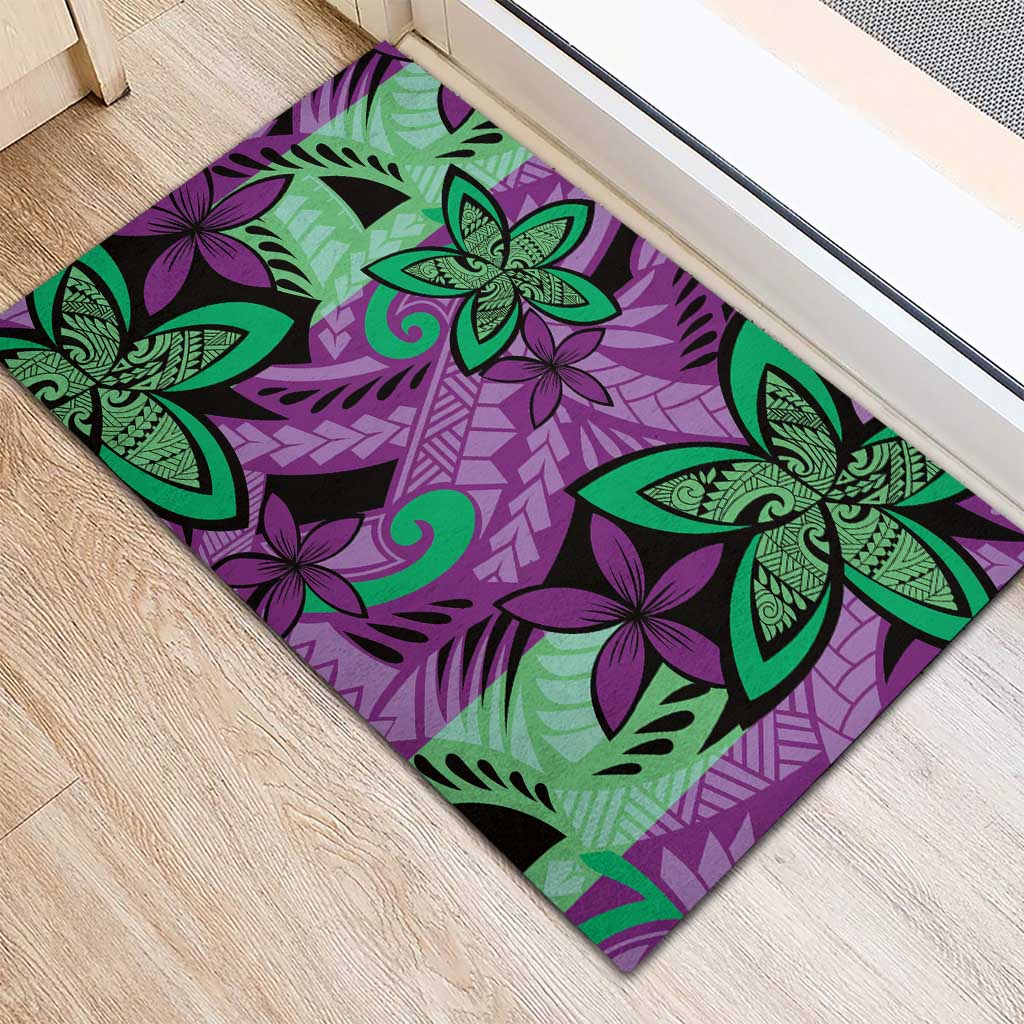 Plumeria Polynesian Pattern Rubber Doormat Unique Fantasy Purple Green