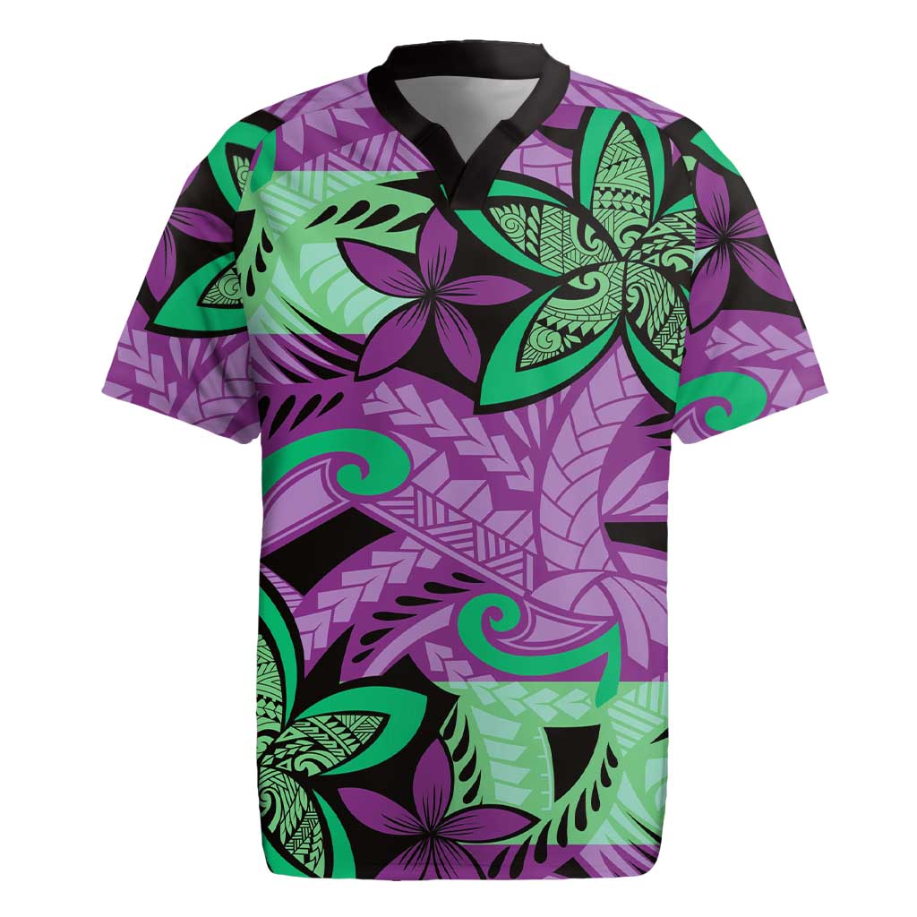 Plumeria Polynesian Pattern Rugby Jersey Unique Fantasy Purple Green