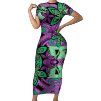 Plumeria Polynesian Pattern Short Sleeve Bodycon Dress Unique Fantasy Purple Green