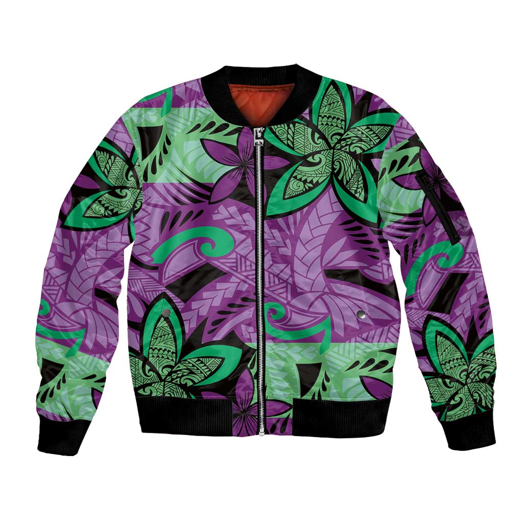 Plumeria Polynesian Pattern Sleeve Zip Bomber Jacket Unique Fantasy Purple Green LT01 Unisex Purple - Polynesian Pride