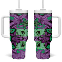 Plumeria Polynesian Pattern Tumbler With Handle Unique Fantasy Purple Green