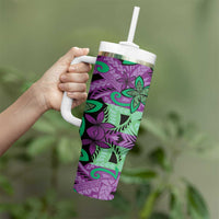 Plumeria Polynesian Pattern Tumbler With Handle Unique Fantasy Purple Green