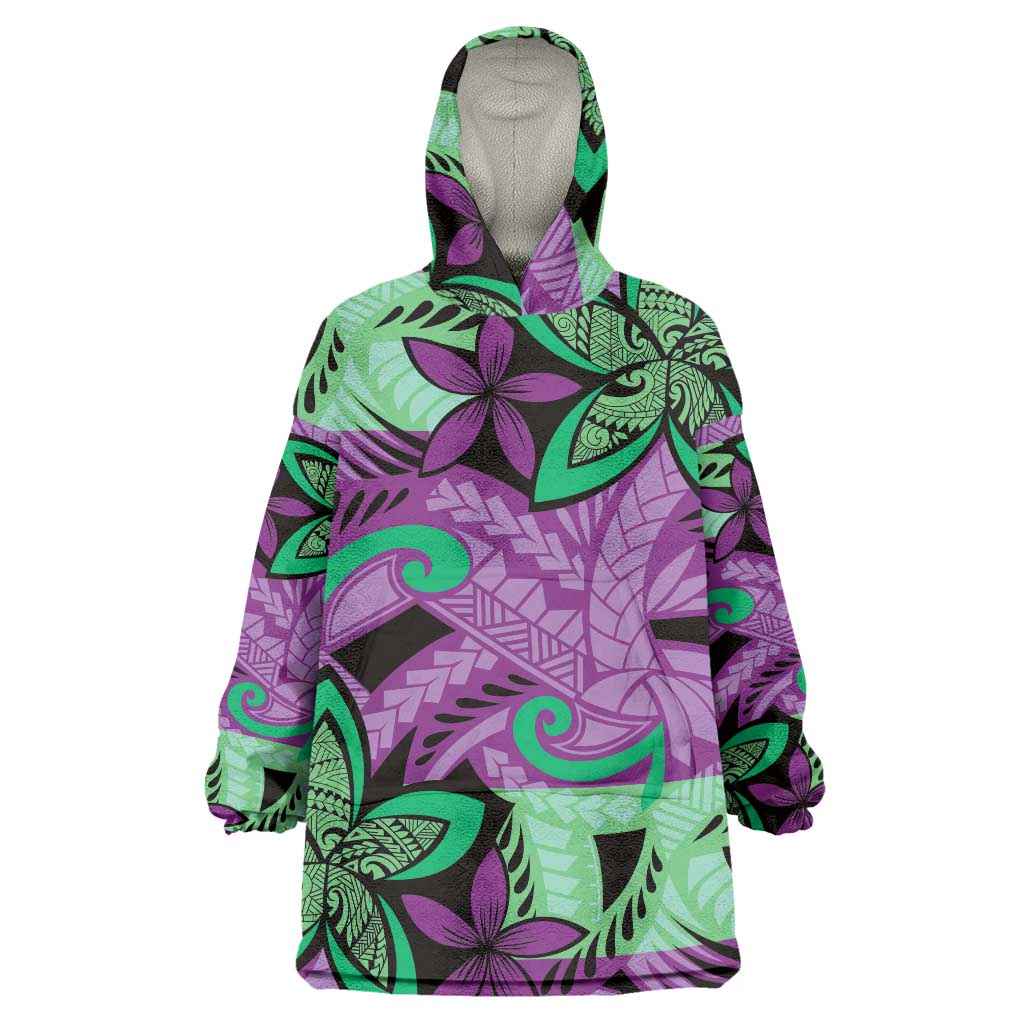 Plumeria Polynesian Pattern Wearable Blanket Hoodie Unique Fantasy Purple Green LT01 One Size Purple - Polynesian Pride