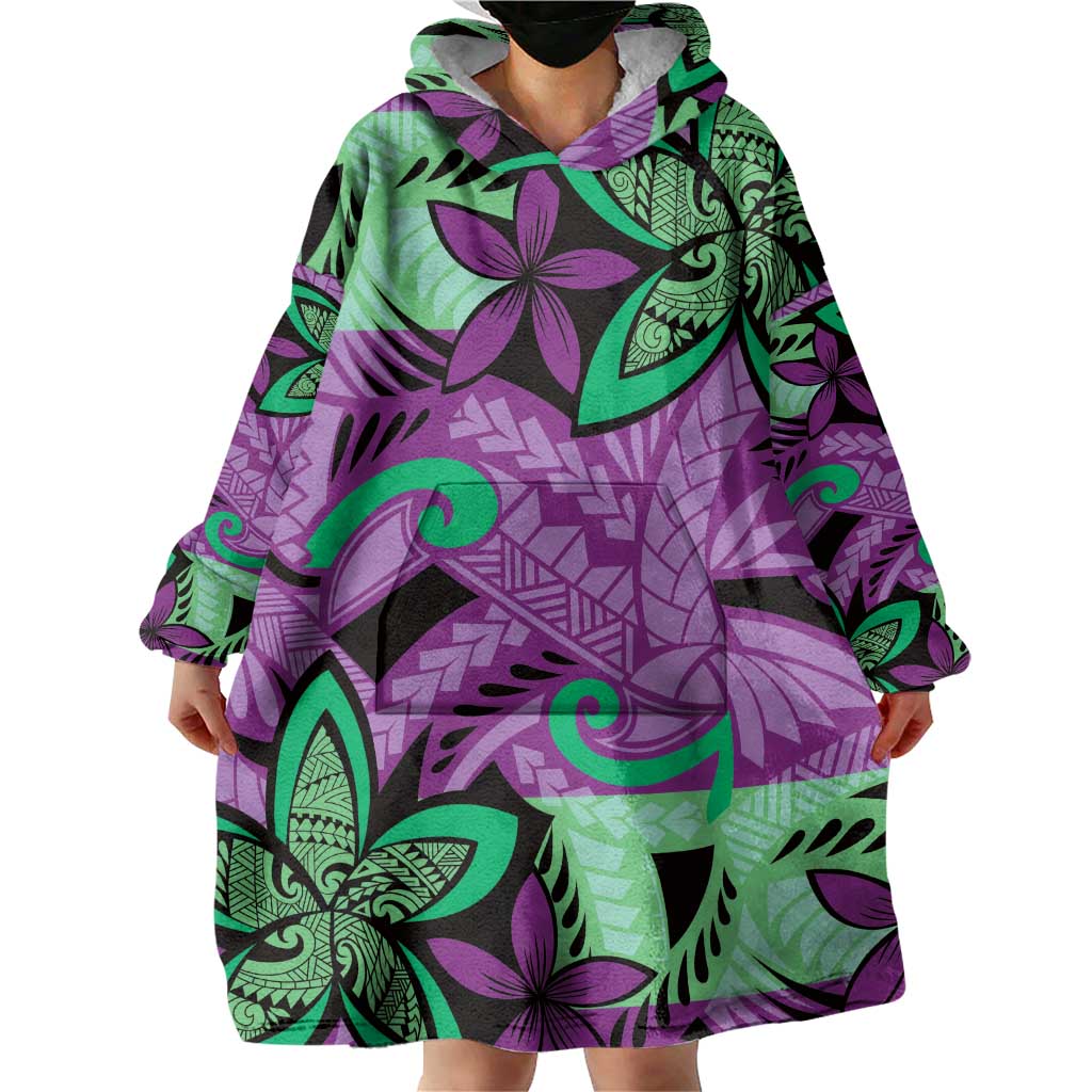 Plumeria Polynesian Pattern Wearable Blanket Hoodie Unique Fantasy Purple Green