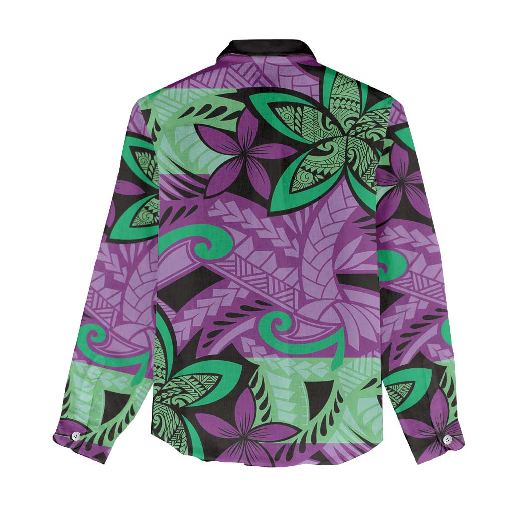 Plumeria Polynesian Pattern Women Casual Shirt Unique Fantasy Purple Green
