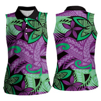 Plumeria Polynesian Pattern Women Sleeveless Polo Shirt Unique Fantasy Purple Green