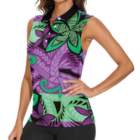 Plumeria Polynesian Pattern Women Sleeveless Polo Shirt Unique Fantasy Purple Green