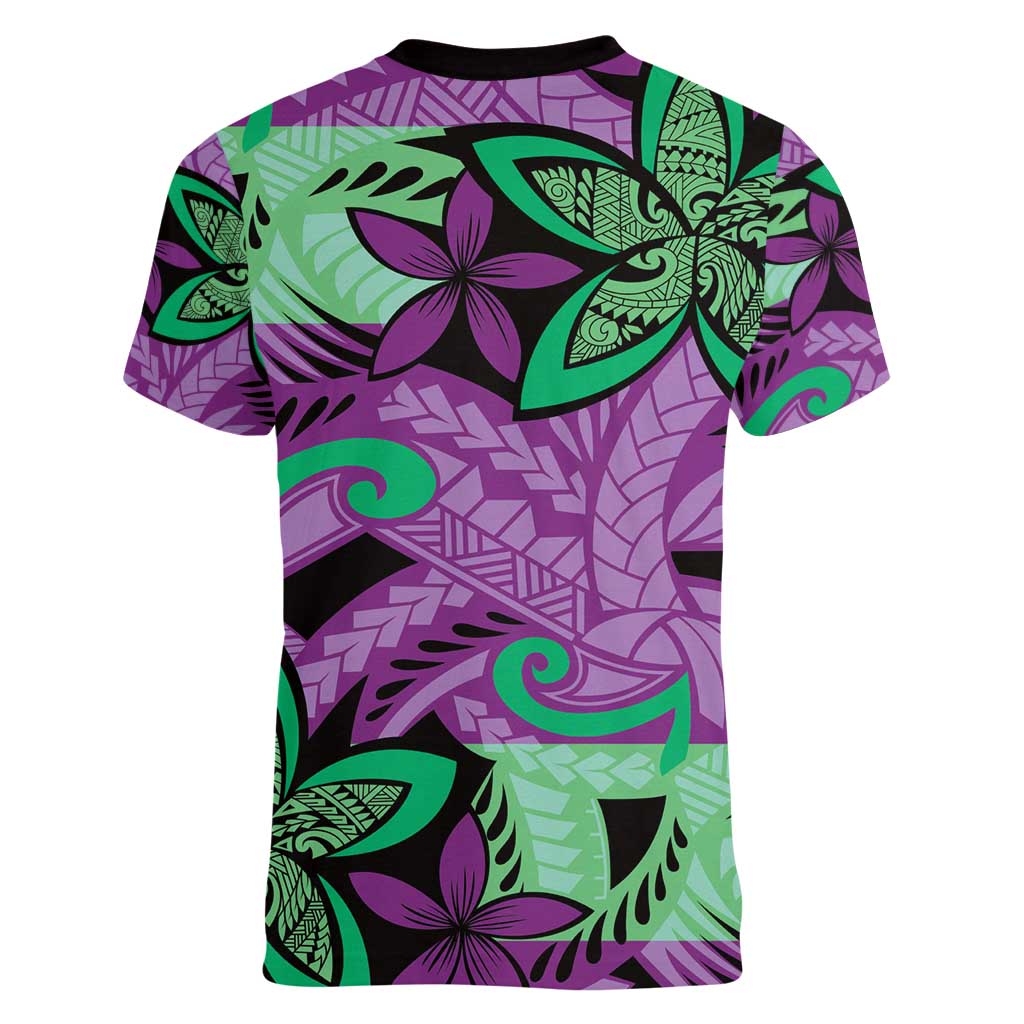 Plumeria Polynesian Pattern Women V-Neck T-Shirt Unique Fantasy Purple Green