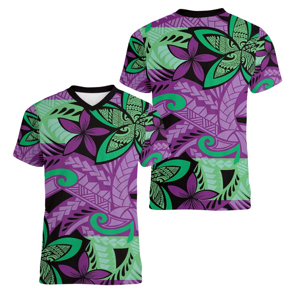 Plumeria Polynesian Pattern Women V-Neck T-Shirt Unique Fantasy Purple Green