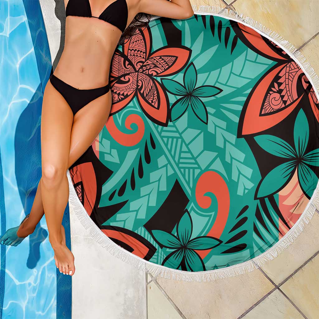 Plumeria Polynesian Pattern Beach Blanket Unique Fantasy Teal Orange