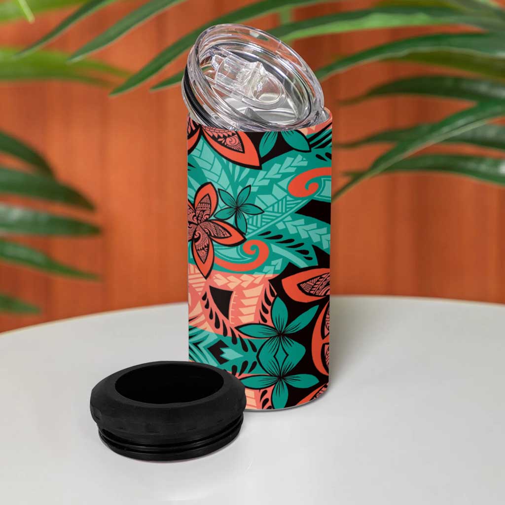 Plumeria Polynesian Pattern 4 in 1 Can Cooler Tumbler Unique Fantasy Teal Orange LT01 - Polynesian Pride