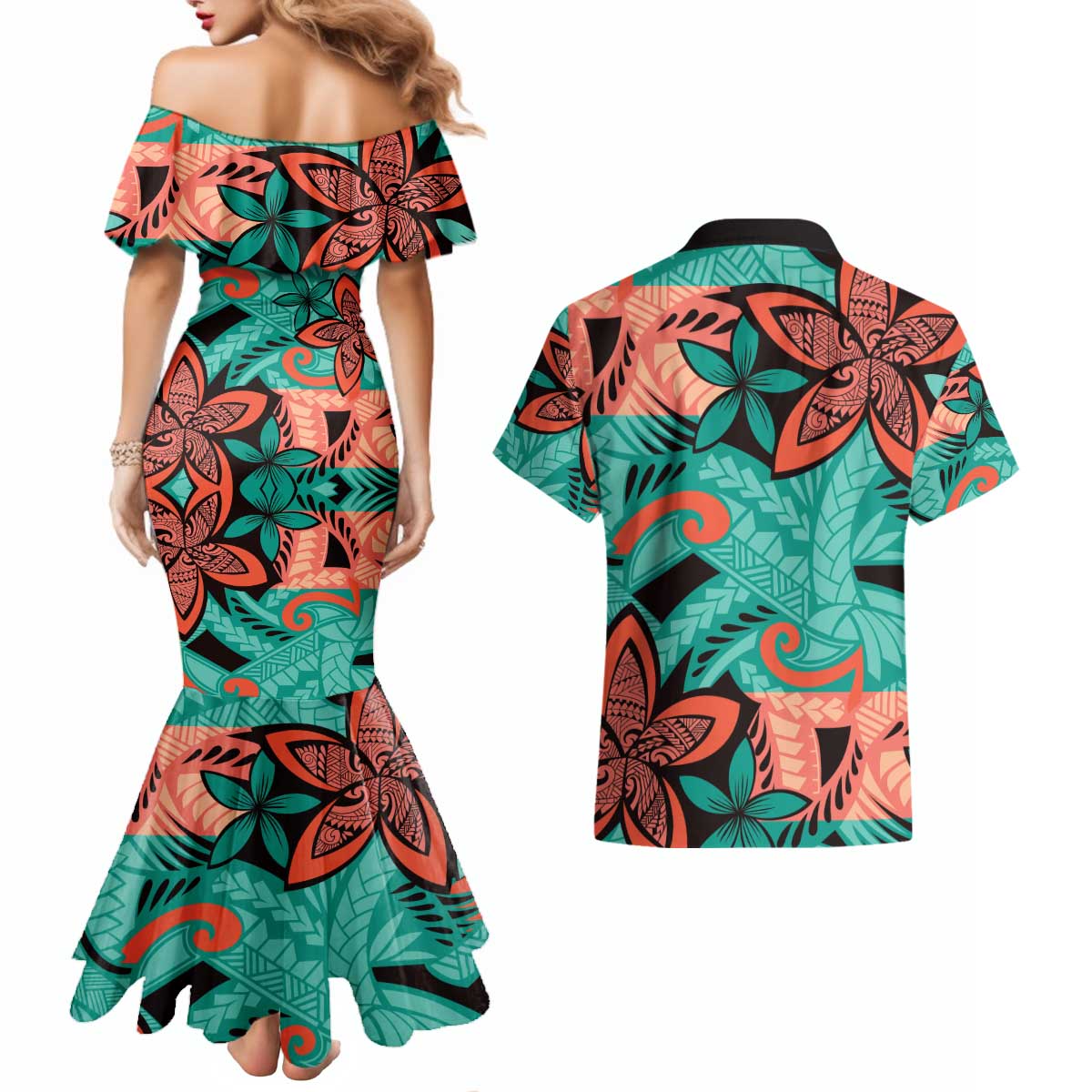 Plumeria Polynesian Pattern Couples Matching Mermaid Dress and Hawaiian Shirt Unique Fantasy Teal Orange