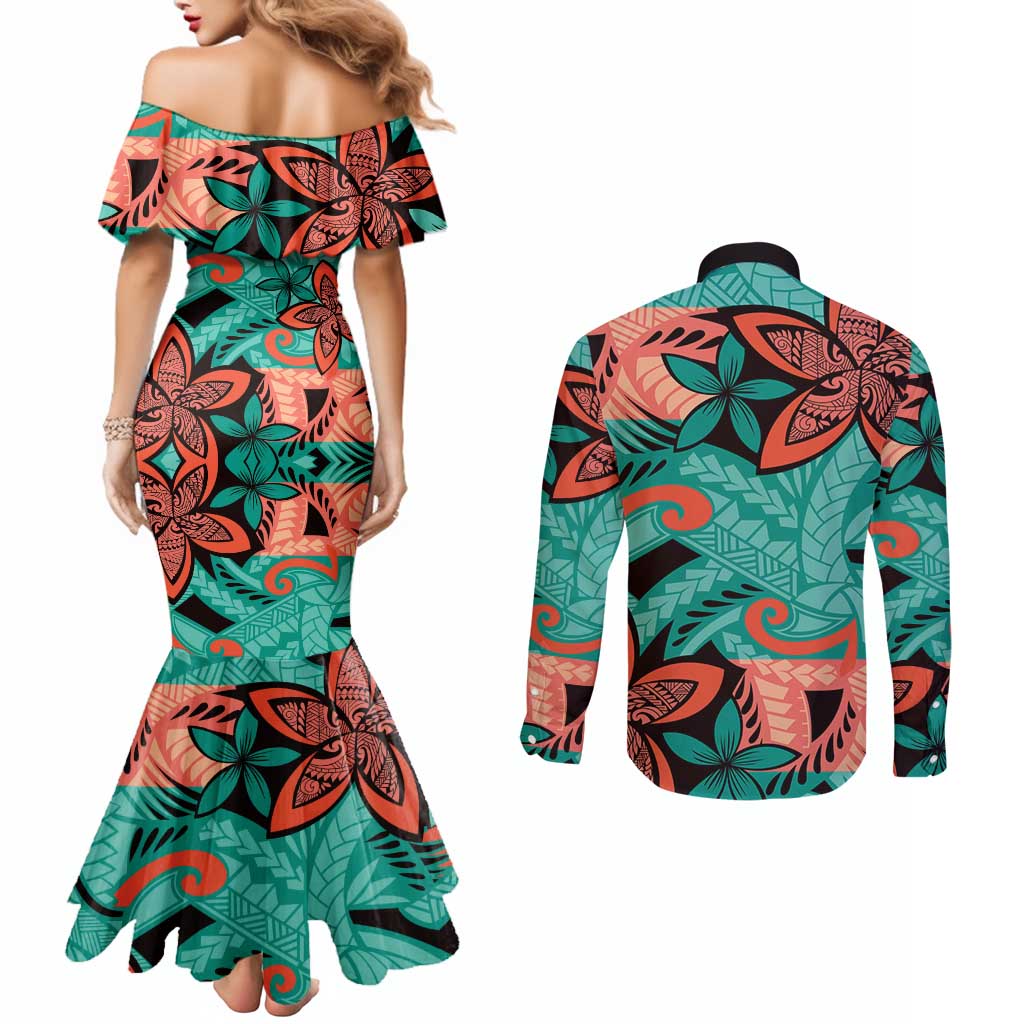 Plumeria Polynesian Pattern Couples Matching Mermaid Dress and Long Sleeve Button Shirt Unique Fantasy Teal Orange LT01 - Polynesian Pride