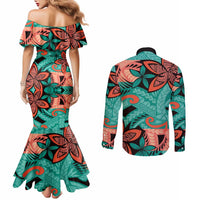 Plumeria Polynesian Pattern Couples Matching Mermaid Dress and Long Sleeve Button Shirt Unique Fantasy Teal Orange LT01 - Polynesian Pride