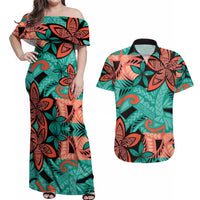 Plumeria Polynesian Pattern Couples Matching Off Shoulder Maxi Dress and Hawaiian Shirt Unique Fantasy Teal Orange