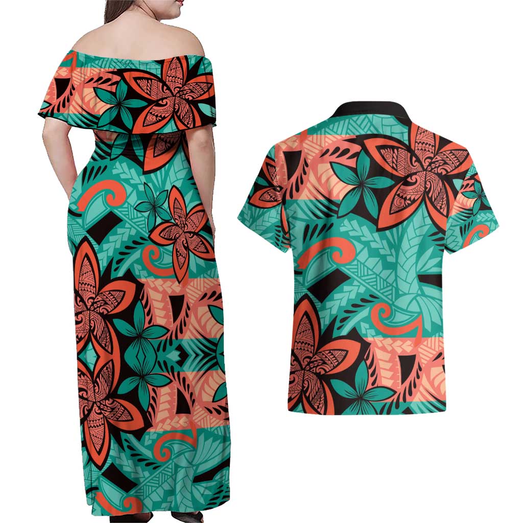 Plumeria Polynesian Pattern Couples Matching Off Shoulder Maxi Dress and Hawaiian Shirt Unique Fantasy Teal Orange