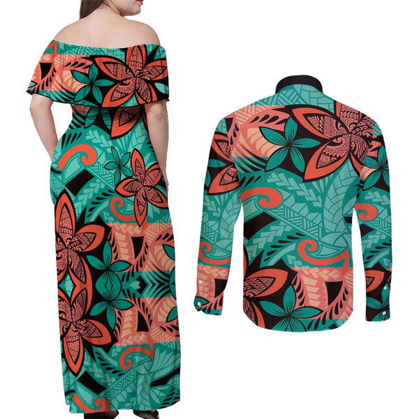 Polynesian Pride Plumeria Flowers Off Shoulder Long Sleeve Dress Polynesian Tribal Red Vibe LT9 main image 0