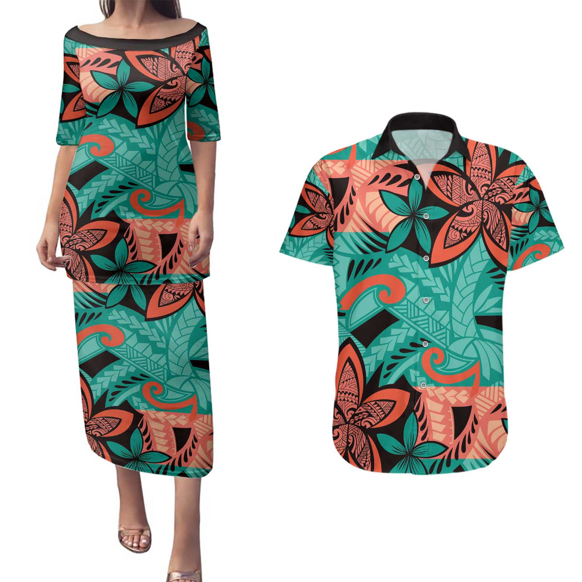 Plumeria Polynesian Pattern Couples Matching Puletasi and Hawaiian Shirt Unique Fantasy Teal Orange