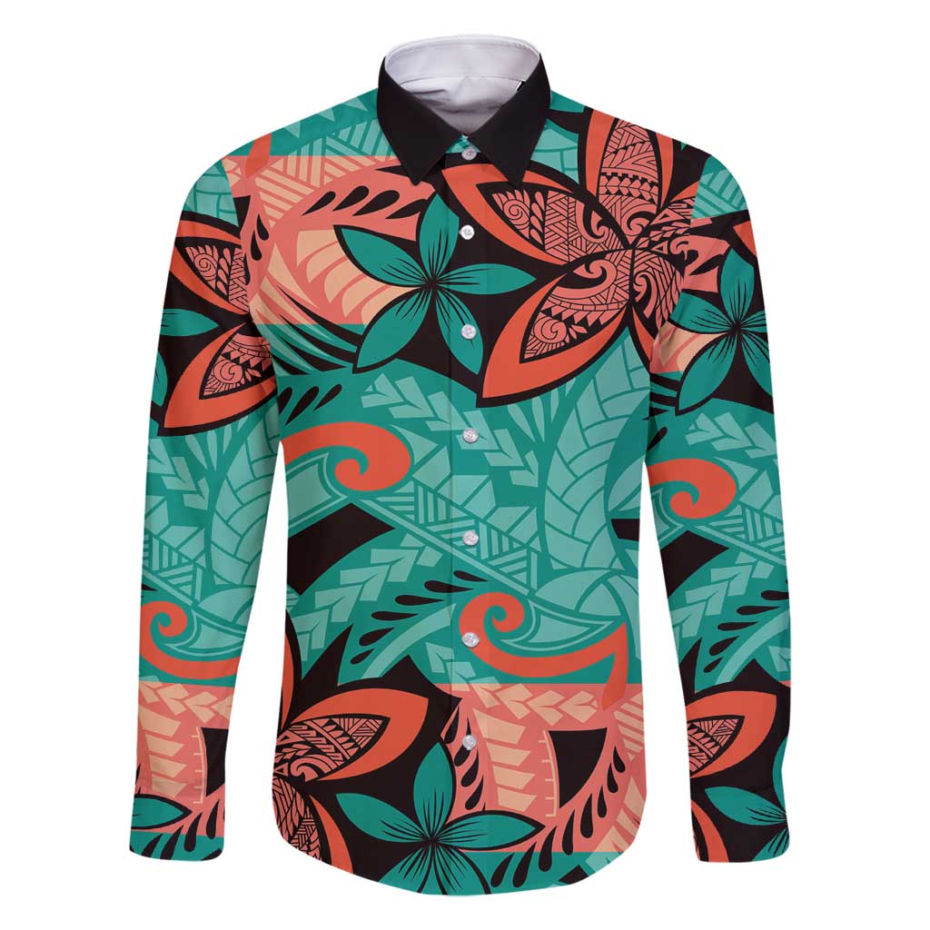 Plumeria Polynesian Pattern Family Matching Mermaid Dress and Hawaiian Shirt Unique Fantasy Teal Orange LT01 Dad's Shirt - Long Sleeve Teal - Polynesian Pride