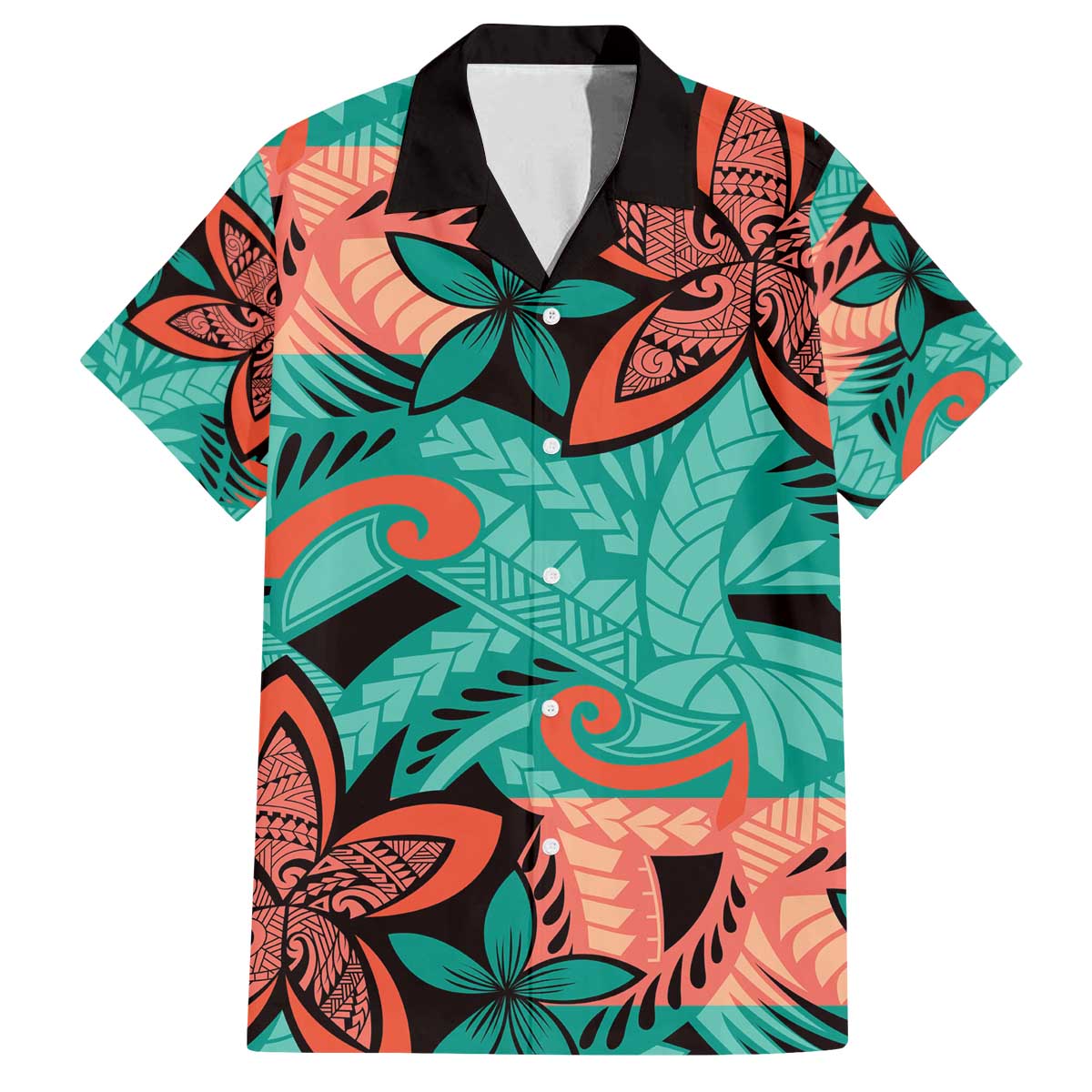 Plumeria Polynesian Pattern Family Matching Off The Shoulder Long Sleeve Dress and Hawaiian Shirt Unique Fantasy Teal Orange