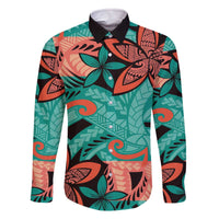 Plumeria Polynesian Pattern Family Matching Off The Shoulder Long Sleeve Dress and Hawaiian Shirt Unique Fantasy Teal Orange